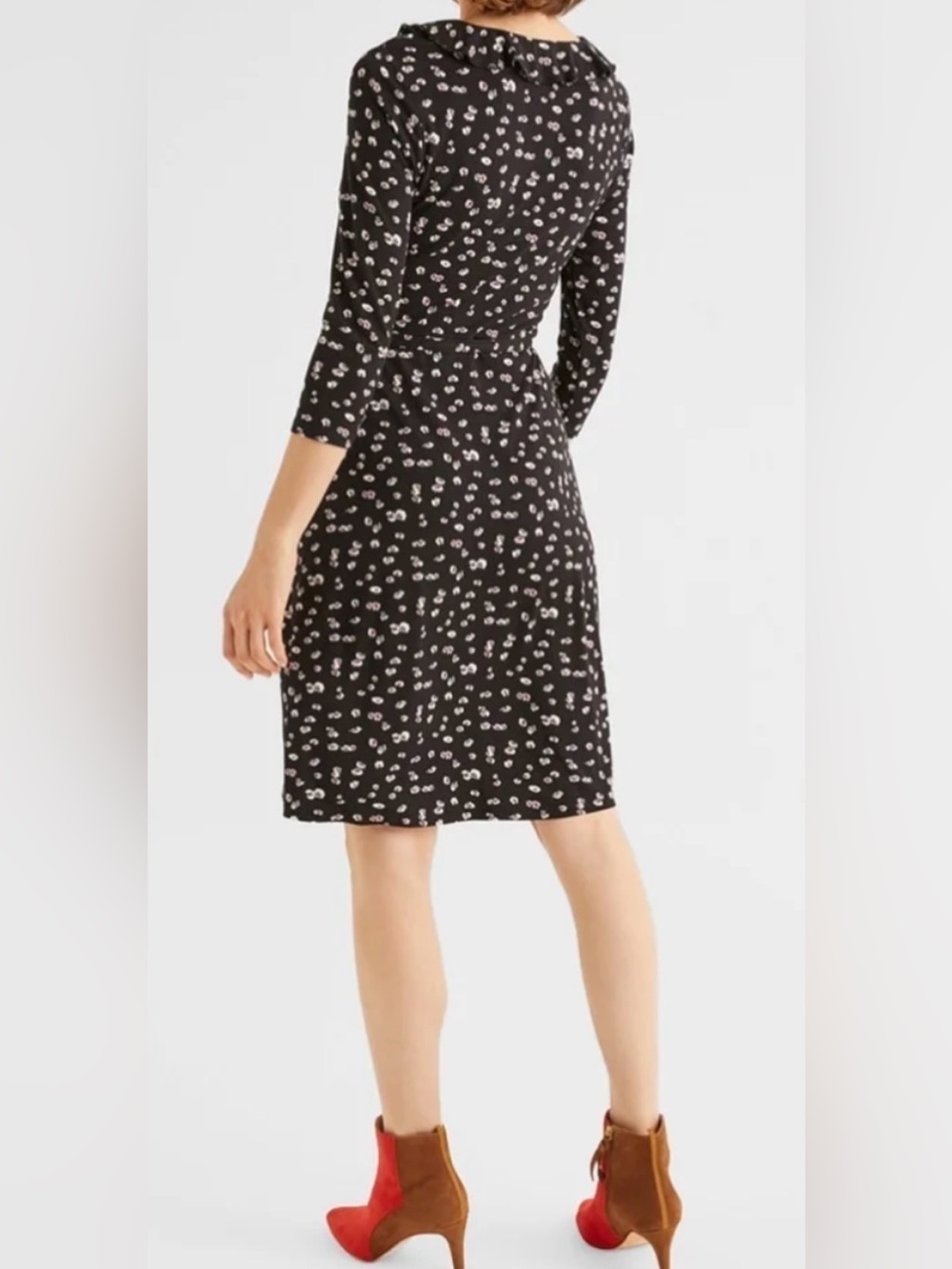 Boden 3/4 sleeves knee length dress floral career office v neck stretch ruffle 6 - Picture 2 of 6